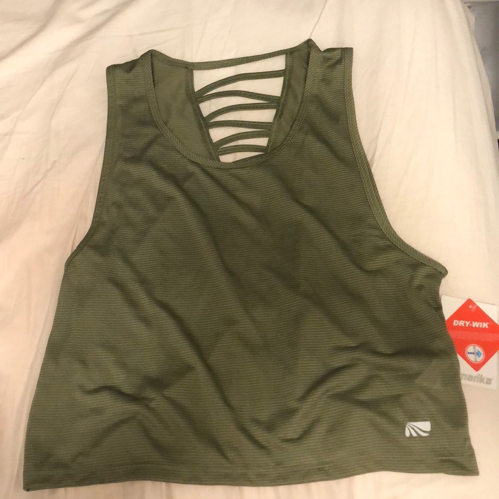 Marika striped strappy crop tank in deep lichen